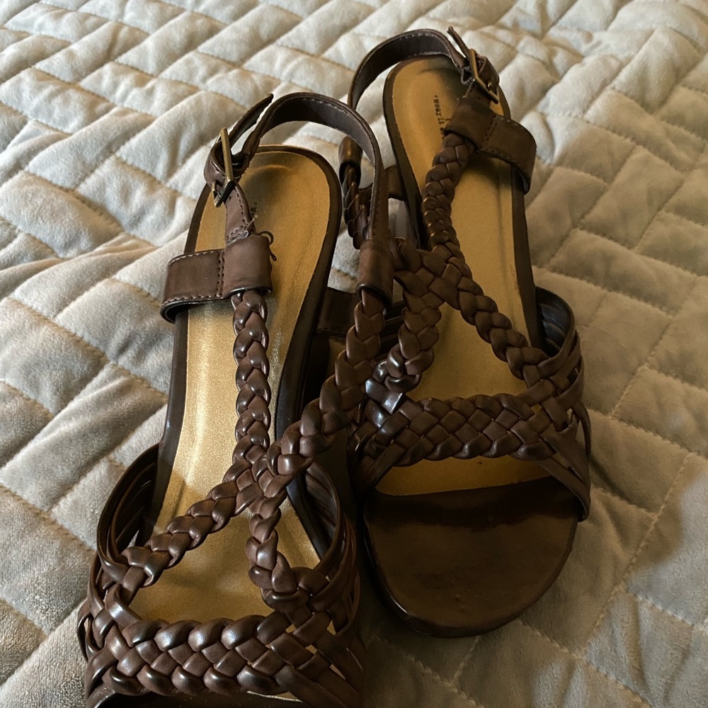 So Stranded Brown Braided Leather Slingback Wedge 9
